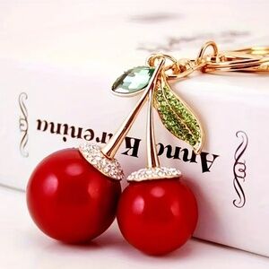 NEW! Shiny Red Cherries with Rhinestone Cap and Leaf Bag Charm / Keychain!